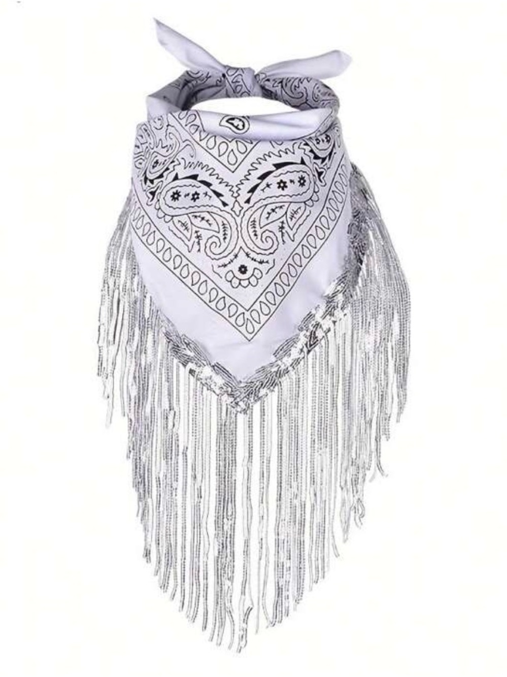 Fringed White Paisley Bandana Scarf - Women Accessories